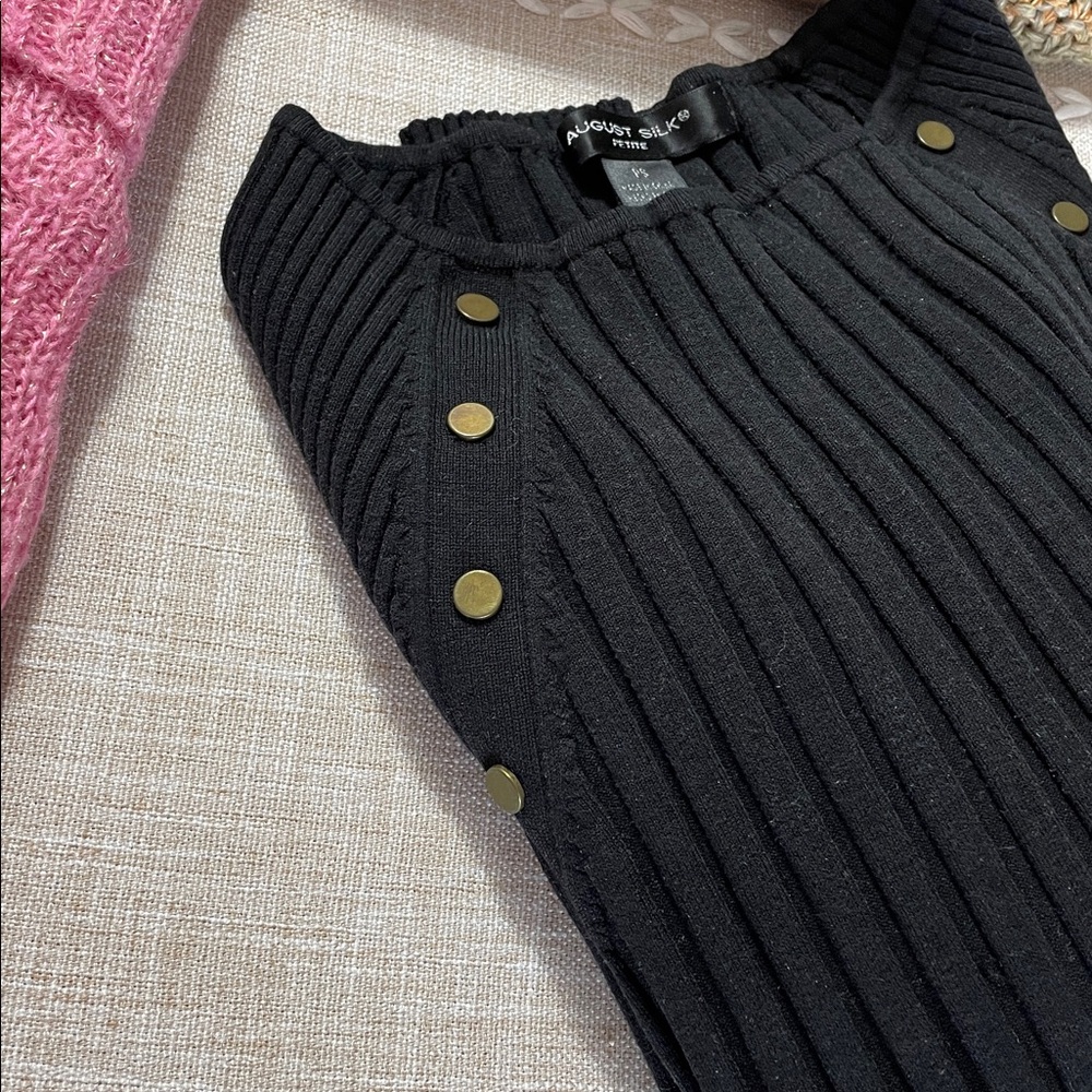 August Silk Petite PS Black Ribbed Sweater Gold Buttons Long Sleeve Y2K Preppy - Picture 2 of 10